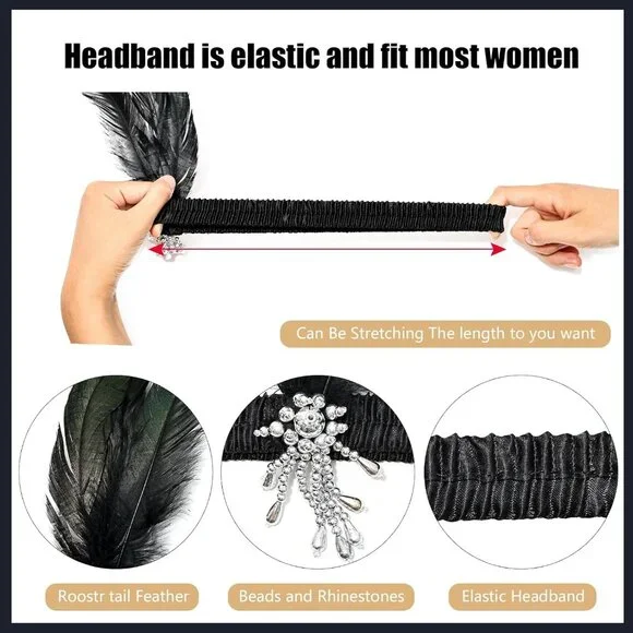 Women 1920s Flapper Set with Headband Beaded Necklaces Earrings Gloves for Vinta - Picture 3 of 7